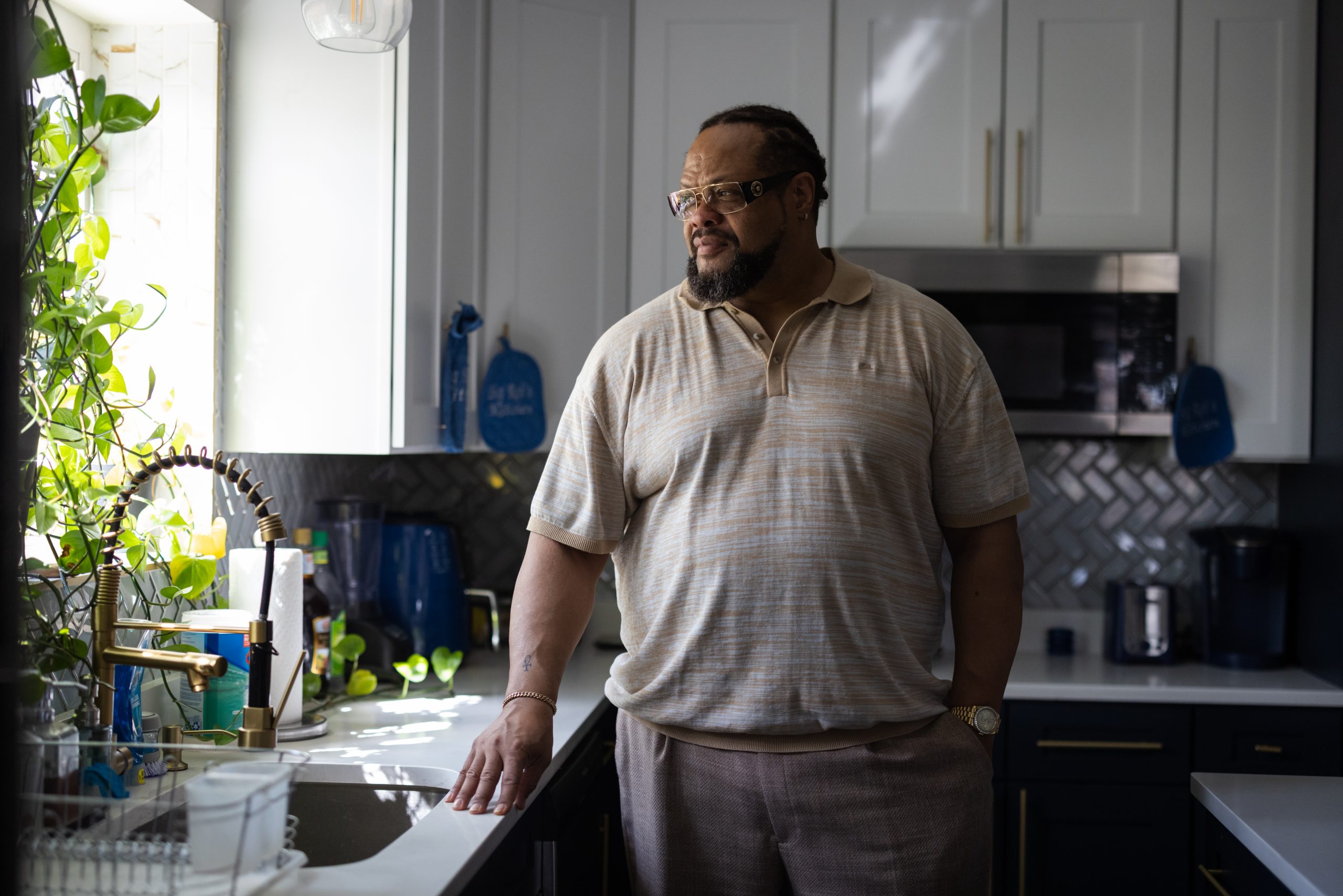 A photography of Robert Hill in his home on Monday, April 6, 2026 in Calumet City, Illinois. In 2007, Hill was questioned about a crime and agreed to a videotaped polygraph test after being promised by police that they would not arrest him if he took and passed the test. Despite passing the polygraph, he was arrested and charged. Hill was convicted in 2012 and exonerated in 2021. He filed a petition for a certificate of innocence, but it was denied in 2023. “It’s frightening that I have to tiptoe through life,” Hill said.