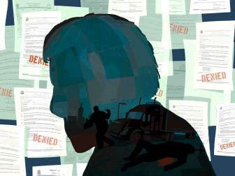Illustration of a silhouette with a scene of a man getting stabbed outside his truck. In the background are pages of U visa denials.