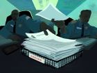 Illustration of two police officers placing U visa applications in a pile labeled “denied.”