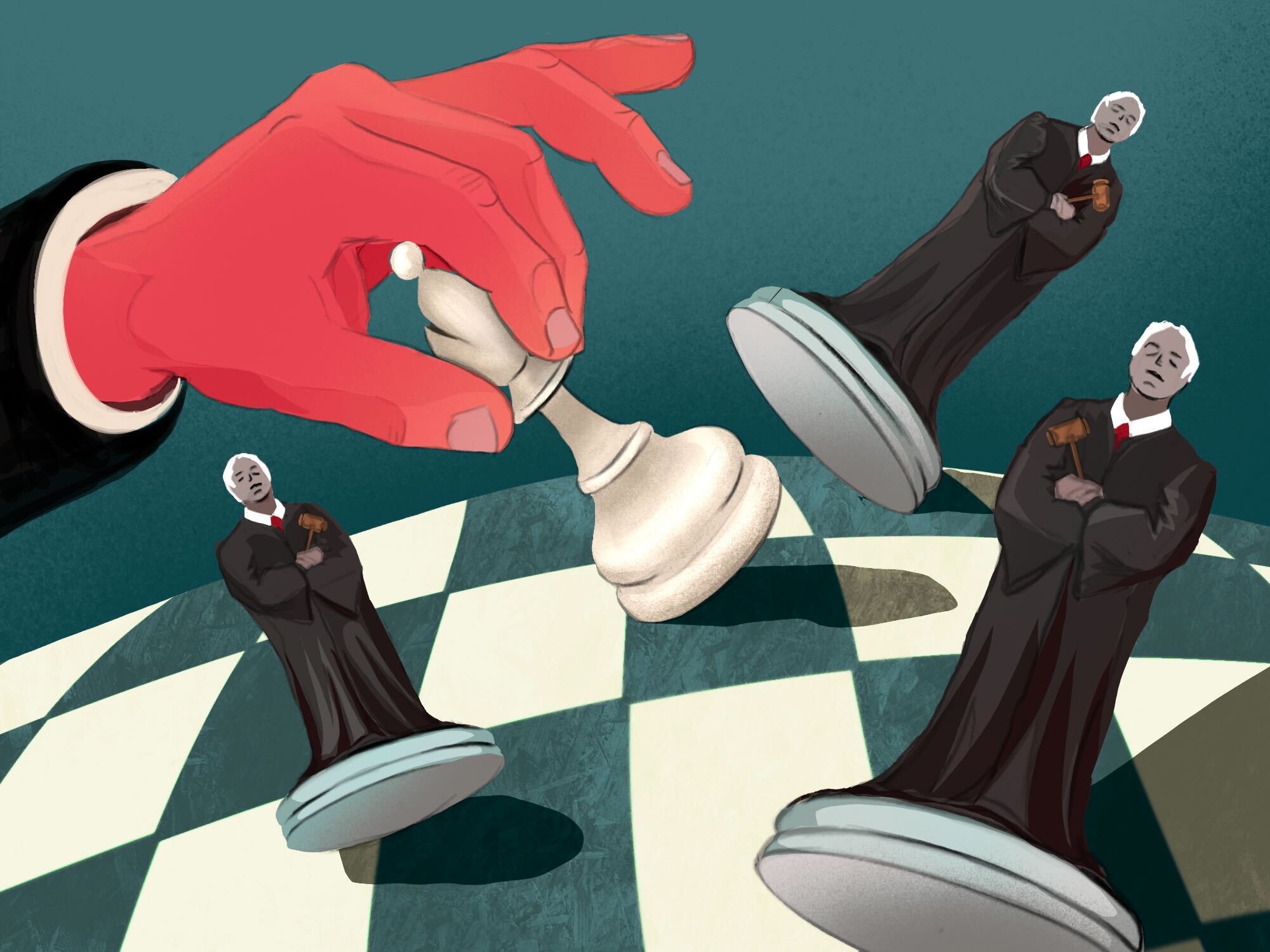 An illustration of a hand holding a pawn over a chess board. On the board there are three chess pieces that look like judges being knocked over.