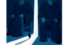 An illustration showing two large-scaled judges sitting on either side of a white opening where a small person stands with a shadow casted behind them.
