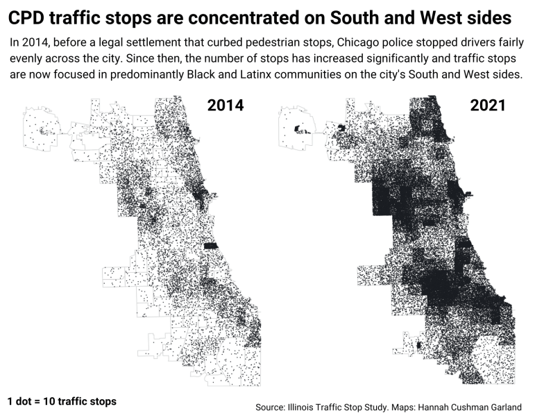 Dot-density maps of Chicago where each dot is 10 traffic stops. On the left is 2014, where you can see stops were dispersed throughout the city. On the right is 2021, when there were far more stops and they were much more concentrated on the city's predominantly Black West and South sides.