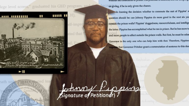 Johnny Pippins in a graduation gown overlayed on an excerpt from his clemency petition and his signature