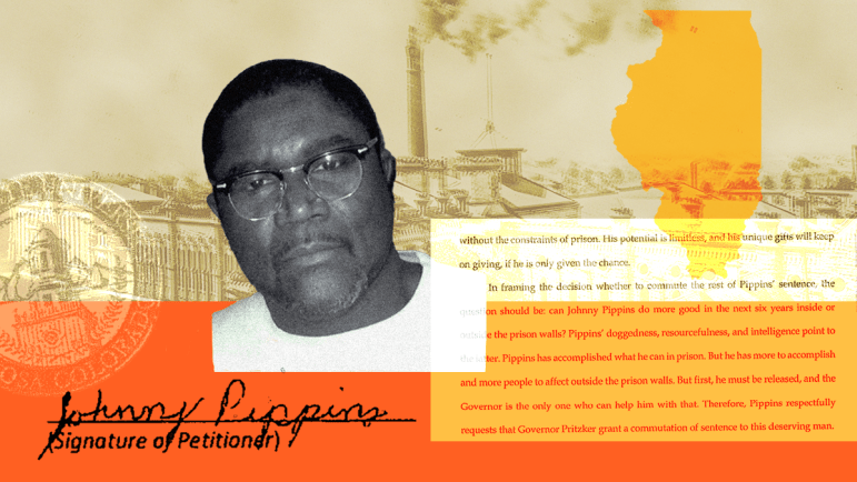A photo of Johnny Pippins overlayed on an image of a smokestack, the outline of the state of Illinois, and an excerpt from his clemency petition