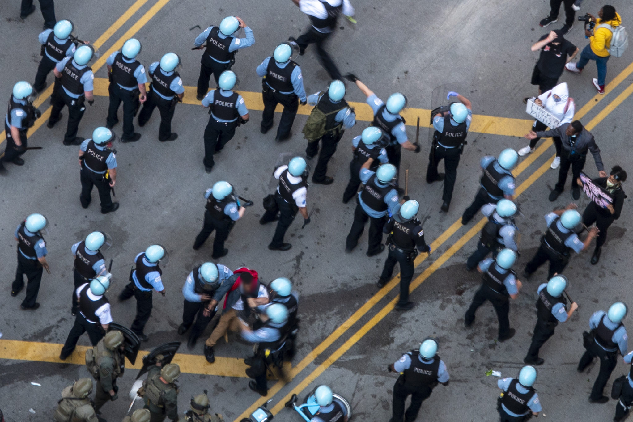 Police at a protest on State Street in downtown Chicago, May 30, 2020.