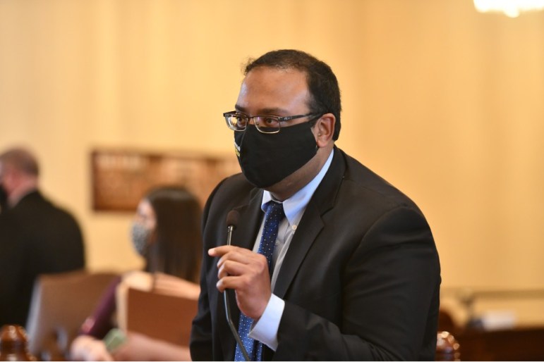 Sen. Ram Villivalam speaking on the Senate floor against anti-Asian hate