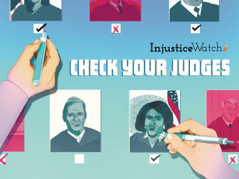 Illustrated photos of judges with hands filling out check boxes and the words Check Your Judges
